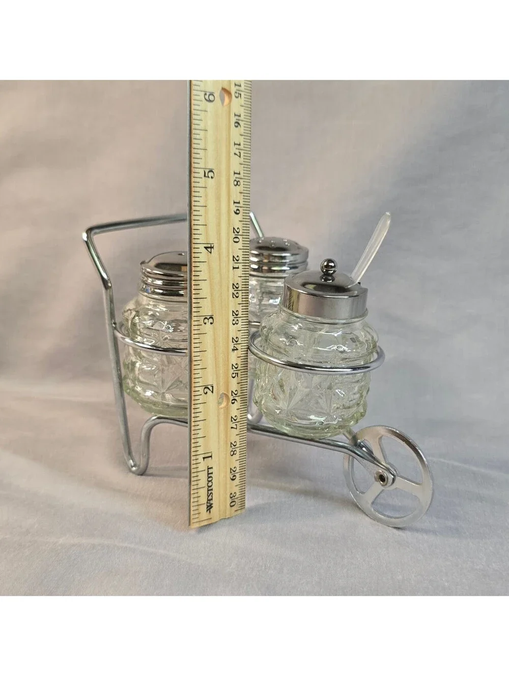 Vintage Mid-Century Chrome Wheelbarrow Condiment Set Salt, Pepper, Mustard Cruet